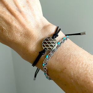 Vintage Fossil Adjustable Brown Leather Bracelet Silver Boho Circle Charm Y2K‎